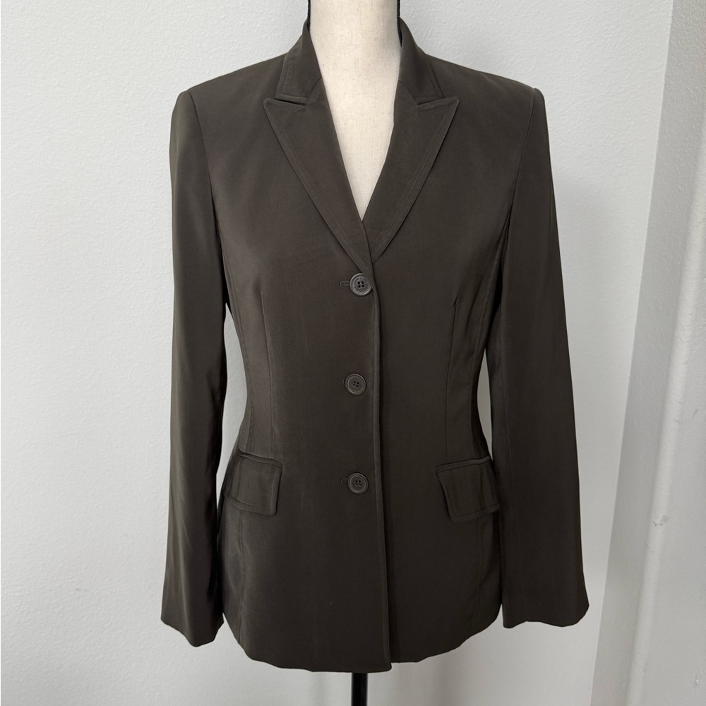 Anne Klein Olive Green Three Button Tailored Blazer